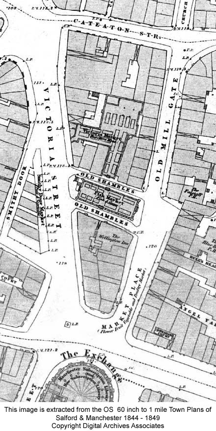 OLD ORDNANCE SURVEY MAP MANCHESTER CITY CENTRE 1849 DEANSGATE KING STREET 