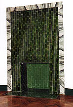 The green tiled fireplace in theThe green fireplace in the Board Room